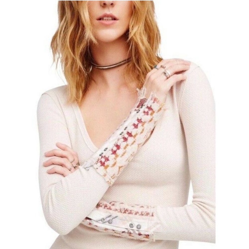 Free People Art School Cuff Waffle Thermal Top Button Knit Long Sleeve